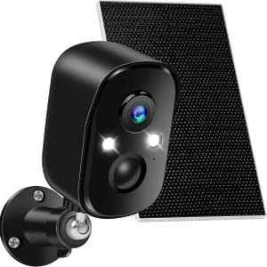May include: A black security camera with a solar panel. The camera has a lens, two white lights, and a black mounting bracket. The solar panel is black with a textured surface.
