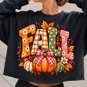 Zucca autunnale preppy PNG: Fiocco di zucca floreale - Design autunnale di tendenza - Maglietta del Ringraziamento