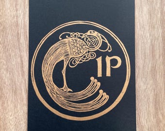 Moneda irlandesa de oro de un penique (1p), impresión original grabada a mano.