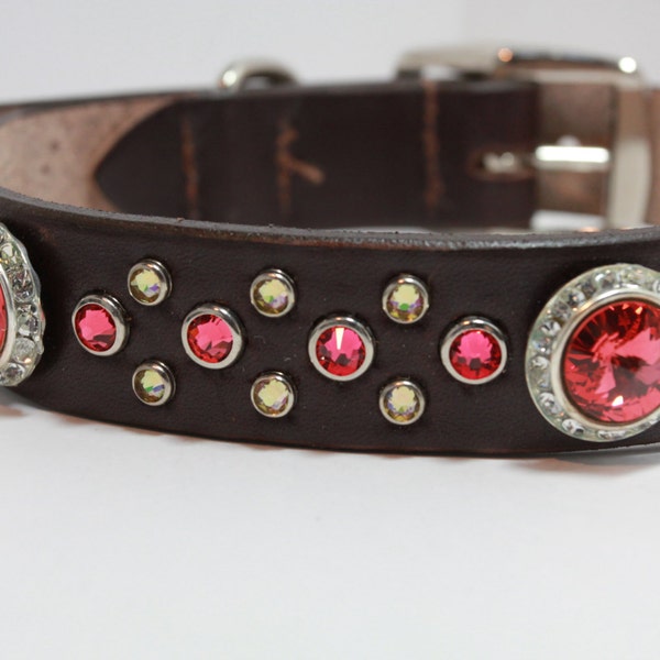 14-17" and 18-21" Large Crystal Padparadascha Dog Collar, Leather Dog Collar, Swarovski Crystal Dog Collar