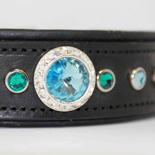 Padded Leather Dog Collar with Swarovski Crystals Aqua Turquoise Deluxe Designer