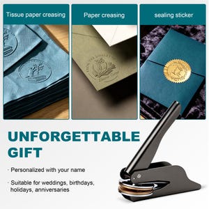 May include: A black metal embosser tool with a lever handle and circular die plates. The image displays examples of embossed tissue paper, paper, and a gold sealing sticker, each featuring an owl design and the text From the Library of Eleanor Carter.