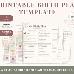 Puede incluir: Una plantilla imprimible de plan de parto con el texto "Printable Birth Plan Template" en una paleta de colores suave y neutra. El diseño incluye secciones para preferencias de nacimiento y manejo del dolor. También se ve el texto "9 páginas".