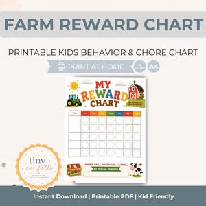 May include: A colorful printable farm reward chart for kids. The chart features a tractor, barn, and cow illustrations. Text includes "Farm Reward Chart", "My Reward Chart", and "Printable Kids Behavior & Chore Chart". The chart is designed to be printed at home.