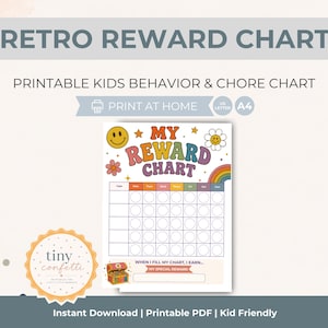 May include: A printable retro reward chart for children, with a colourful design including a smiley face, rainbow, and flowers. The chart has spaces for tasks and rewards, with the text "My Reward Chart".