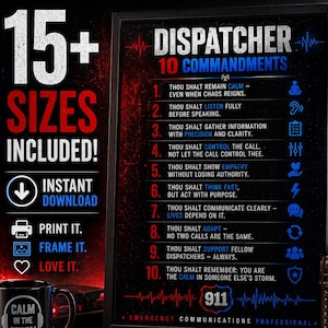 Lámina decorativa imprimible de los 10 mandamientos para operadores del 911 / Regalo para operadores del 911 / Decoración para comunicaciones de emergencia / Descarga instantánea / Más de 12 tamaños incluidos