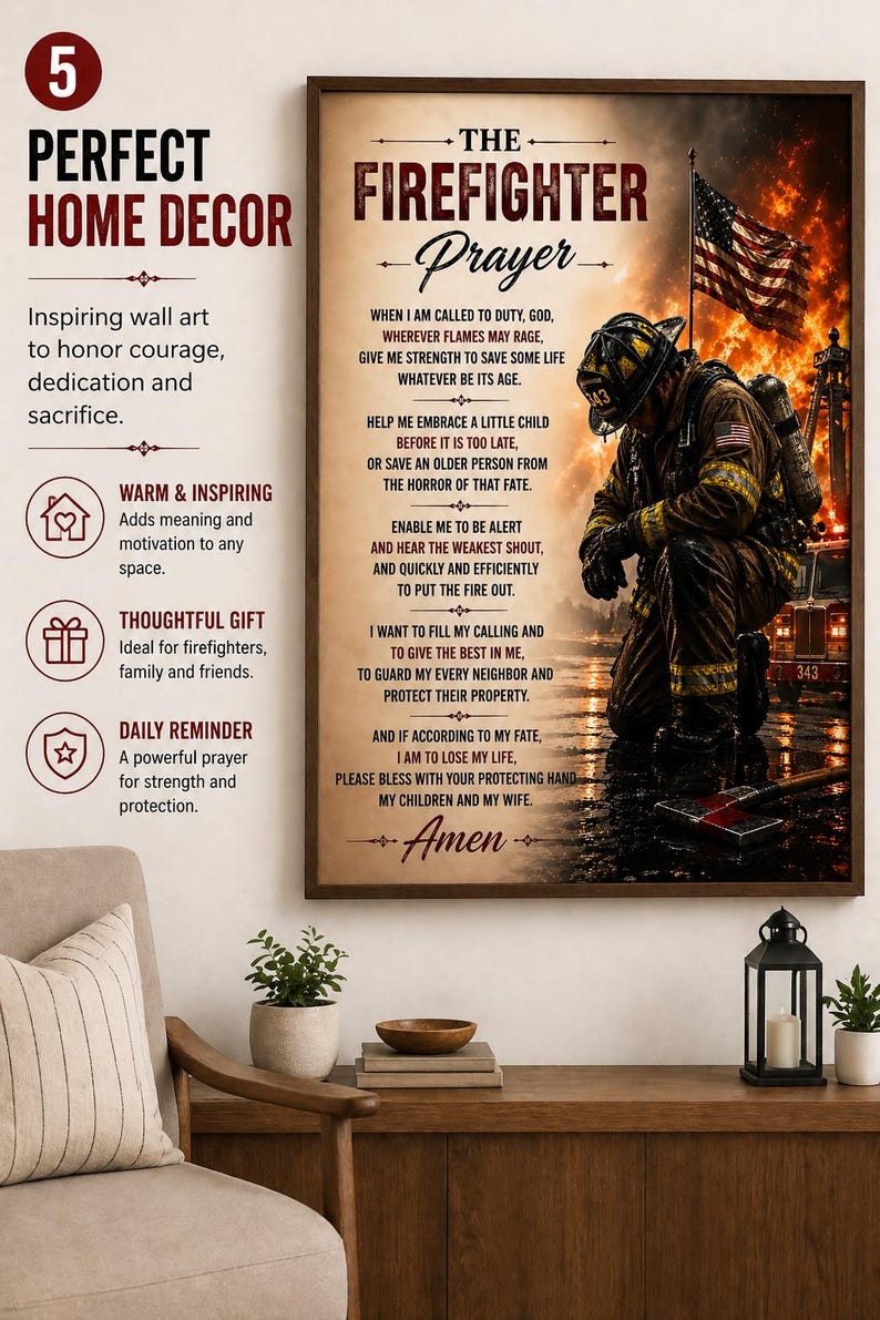 Firefighter Prayer Wall Art, Courageous Fireman Tribute (instant ...