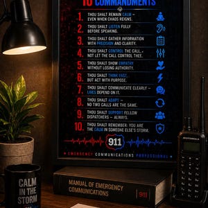 May include: A framed print with the text "DISPATCHER 10 COMMANDMENTS" in white and blue. The image includes a mug that says "CALM IN THE STORM", a book titled "MANUAL OF EMERGENCY COMMUNICATIONS", a notepad, a pen, and a Motorola radio.