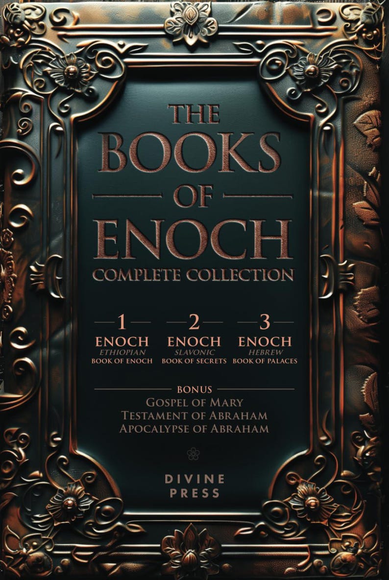 May include: A complete collection of "The Books of Enoch" in a dark teal and bronze design. The cover features ornate floral and scrollwork, with text including "Complete Collection" and "Divine Press".