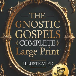 May include: A book cover for "The Gnostic Gospels" with gold lettering and a decorative gold frame on a dark green background. The text includes "COMPLETE," "Large Print," and "ILLUSTRATED." A bonus book is included.