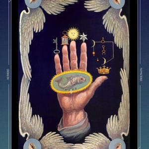May include: An illustration featuring a hand holding an oval emblem with a fish and symbols. The image includes wings, eyes, and celestial bodies. Text at the top reads "The Secret Teachings of All Ages" and the author's name is "Manly P. Hall".