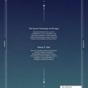 May include: A book cover with a dark blue gradient background. The title "The Secret Teachings of All Ages" is displayed in white, along with text about ancient wisdom and Manly P. Hall. The cover has a decorative border.