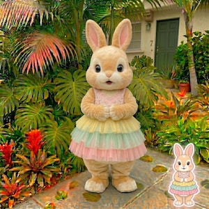 Może przedstawiać: Pluszowy kostium królika z warstwową spódnicą w kolorze różowym, żółtym i zielonym. Królik ma duże, wyraziste oczy i stoi przed bujną zielenią. Kostium jest w kolorze brązowym z różowymi uszami i różowym topem.