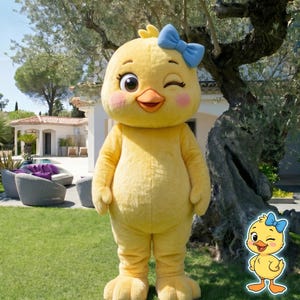 Costume da mascotte di uccello giallo per adulti, travestimento da anatra con fiocco blu per feste di compleanno, eventi e cosplay, abito in peluche professionale.