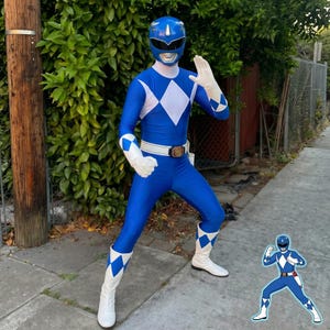 Blue Ranger Cosplay Costume Full Set with Helmet and Boots, Professional Superhero Mascot Outfit for Adults, Comic Con Halloween Party Wear