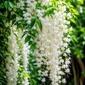 Puede incluir: Un racimo en cascada de flores de glicinia blancas que cuelgan de una enredadera con hojas de color verde vibrante. Las delicadas y pequeñas flores blancas están dispuestas en largos racimos colgantes que caen, creando un arreglo floral denso.