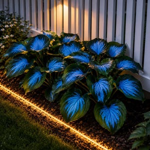May include: A cluster of hosta plants with broad, heart-shaped leaves featuring deep green edges and vibrant blue-toned centres. The plants are illuminated by a warm, glowing LED strip light running along the dark soil in front of a white fence.