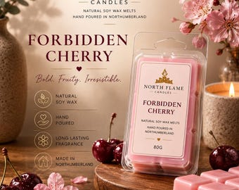 Pastillas de cera de soja Forbidden Cherry / Cera de soja natural vertida a mano / Fragancia de cereza de larga duración / Aroma para el hogar / Hecho en Northumberland