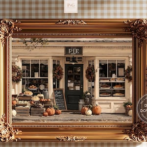 Puede incluir: Una impresión artística enmarcada que muestra un escaparate con el letrero PIE SHOP y grandes ventanales con tartas expuestas. La escena incluye cajas de madera, calabazas y coronas otoñales. El marco ornamentado es de color dorado metálico.