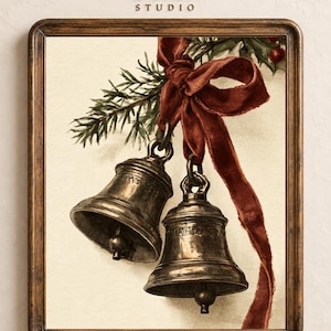 Decoración de pared con cascabeles de trineo de latón antiguo, estampado de cinta roja óxido, decoración navideña perenne, lámina navideña vintage imprimible de 1848.