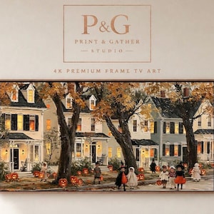 May include: A digital art print for a television screen depicting a neighbourhood street scene at dusk during autumn. The image features houses with glowing windows, large trees with orange foliage, and children in costumes carrying pumpkins.