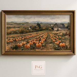 May include: A landscape oil painting in a gold frame depicting a pumpkin patch with orange pumpkins in rows, a wooden barn, and a house under a cloudy sky. A small square logo at the bottom centre displays the text P&G PRINT & GATHER STUDIO.