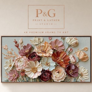 May include: A rectangular framed digital artwork for a television screen featuring a thick impasto oil painting of a floral bouquet. The flowers are rendered in shades of cream, blush pink, deep burgundy, and burnt orange against a light gray background.