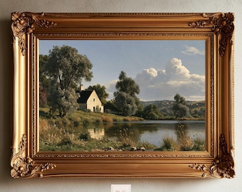 May include: A landscape painting in an ornate, metallic gold frame. The artwork depicts a stone house situated on the grassy bank of a calm lake, surrounded by lush green trees under a blue sky with white clouds. The text P&G is visible below.
