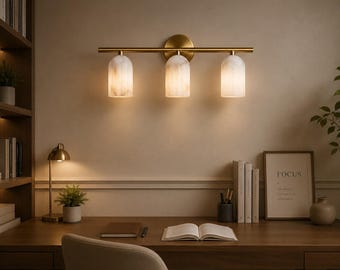 Brass Vanity Light | 3-Light Mid Century Modern Sconce, Stone Shade Fixture, Modern Bathroom Wall Light, Brass Bathroom Lighting,