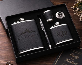 Personalized Flask Gift Set, Custom Engraved Black Stainless Steel Flask Set, Monogram Barware Gift for Him, Groomsmen Gift