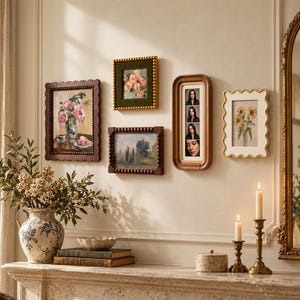Molduras vintage de formatos variados, decoração eclética para parede de galeria, molduras onduladas com contas em estilo campestre romântico para dar um toque especial à parede da sua casa.