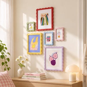 Pastel Wavy Scalloped Picture Frames, Colorful Assorted Decorative Frames, Cute Playful Frames For Art Print Gallery Wall Collage, 5×7 8×10