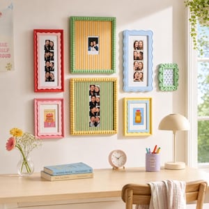 Colorful Scalloped Picture Frame Set, Dopamine Gallery Wall Decor, Pastel Photo Strip & Polaroid Frame, Aesthetic Dorm Room Bedroom Decor