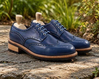 Classic Navy Blue Brogue Dress Shoes