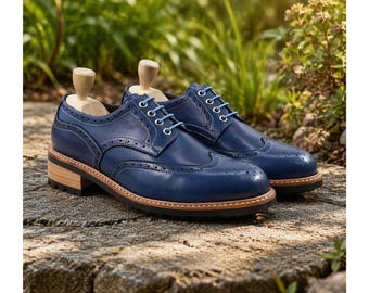 Bespoke Men's Handmade Blue Leather Brogue Shoe, Custom made Derby wingtip Oxford Lace up Shoes