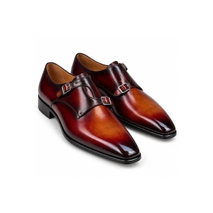 Zapatos de vestir de hombre hechos a mano con pátina marrón y doble hebilla (para bodas y negocios)
