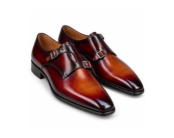 Handgemaakte bruine patina dubbele monk strap geklede schoenen voor heren (bruiloft, zakelijk)