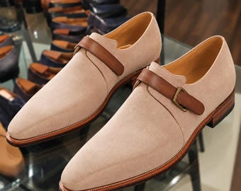 Beige Wildleder-Monk-Strap-Schuhe für Herren, handgefertigte Business-Schuhe, elegante Schuhe mit Schnalle, Hochzeitsschuhe für Herren