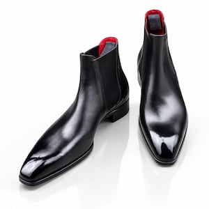 Botines Chelsea negros para hombre, botines de piel brillante, zapatos de vestir formales de punta, calzado elegante para bodas.