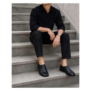 Bespoke Men's Handmade Black Leather Tabi Split Toe Shoes Custom Made Slip On Footwear