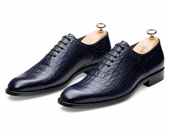 Bespoke Men's Handmade Navy Blue Crocodile-Embossed Leather Oxford Shoes Custom Made Dress Formal Footwear