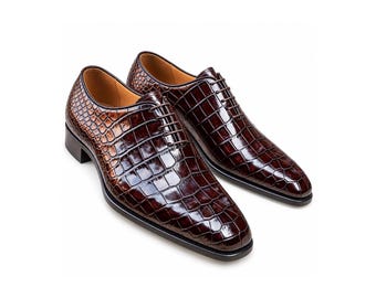 Chaussures Derby en cuir marron à texture crocodile pour homme – Chaussures de cérémonie pour le marié.