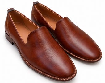 Bruine leren instapschoenen voor heren, handgemaakte formele loafers, klassieke kantoor- en trouwjurkschoenen