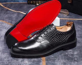 Handmade Croc Leather Oxford Shoes Luxury Black Dress Shoes with Red Sole for Men