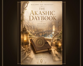 May include: A brown leather-bound book titled The Akashic Daybook, featuring a circular emblem on the cover. The scene includes a lantern, a quill, a candle, and a key on a desk, with a background view of a grand library through a window.
