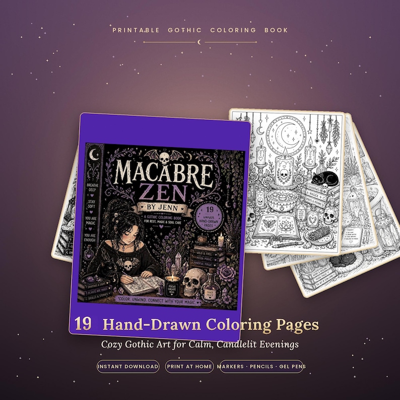 Cozy Gothic Coloring Book | 19 Hand-Drawn Pages for Calm Evenings (PDF Download) image 1