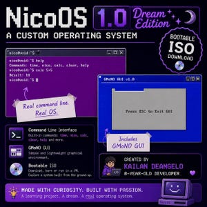 May include: NicoOS 1.0 Dream Edition custom operating system graphic featuring a command line interface with purple background, a blue GMoNO GUI window, a bootable ISO download badge, and text detailing features created by an 8-year-old developer.