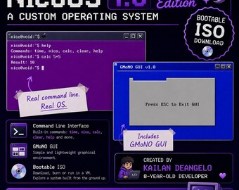 May include: NicoOS 1.0 Dream Edition custom operating system graphic featuring a command line interface with purple background, a blue GMoNO GUI window, a bootable ISO download badge, and text detailing features created by an 8-year-old developer.