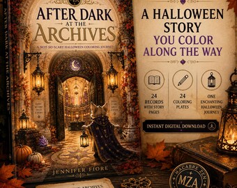 May include: A colouring book titled After Dark at the Archives by Jennifer Fiore. The cover features a cat in a cloak holding a lantern before a grand library entrance. Text includes A Halloween Story You Colour Along The Way, 24 records with story pages, 24 colouring plates, one enchanting Halloween journey, and instant digital download.