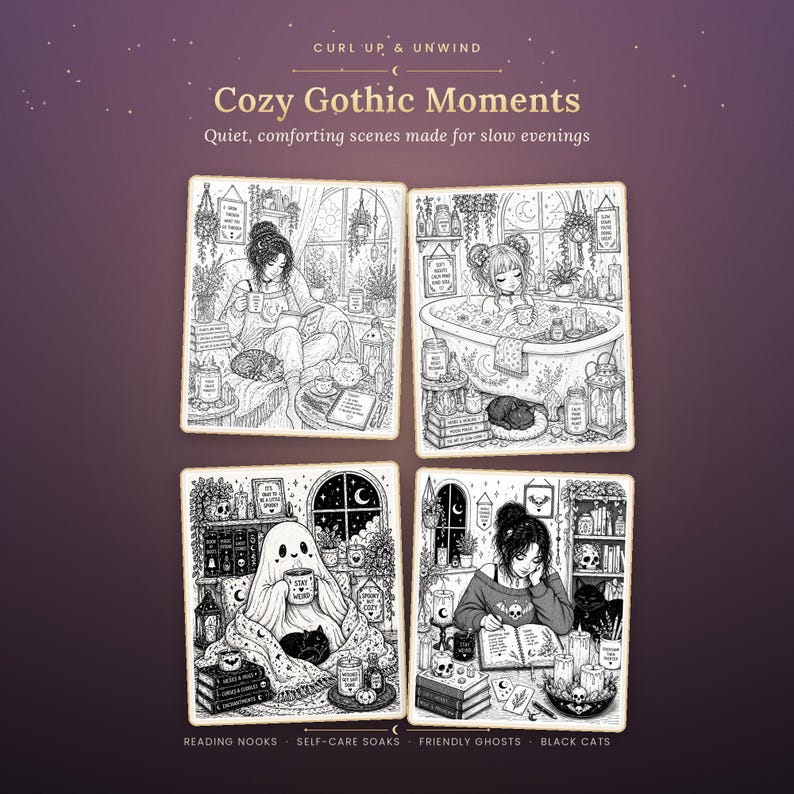 Cozy Gothic Coloring Book | 19 Hand-Drawn Pages for Calm Evenings (PDF Download) image 4